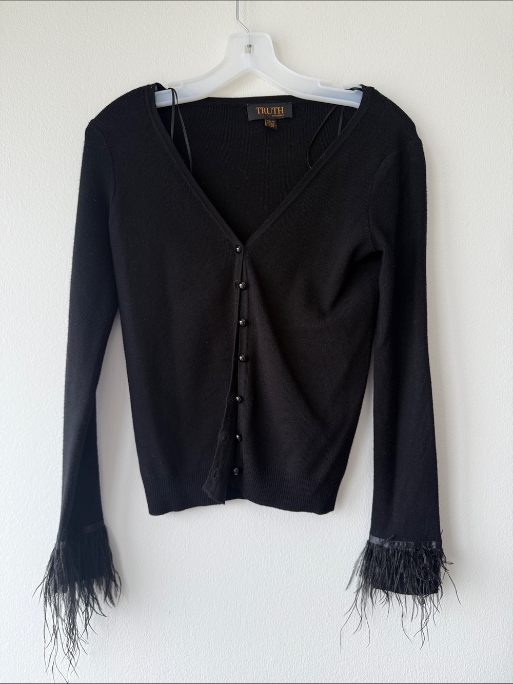Truth Black V-Neck Feather Trim Cardigan